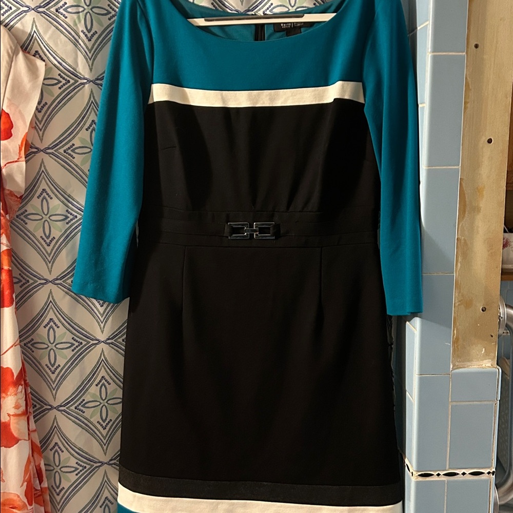 White House Black Market Teal and Black Long Sleeve Dress, lined - Picture 6 of 6